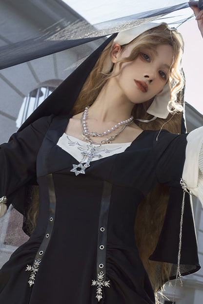 Ebony Short-Sleeve Printed Ruffle Gothic Gown - Halloween Night Temple Nun