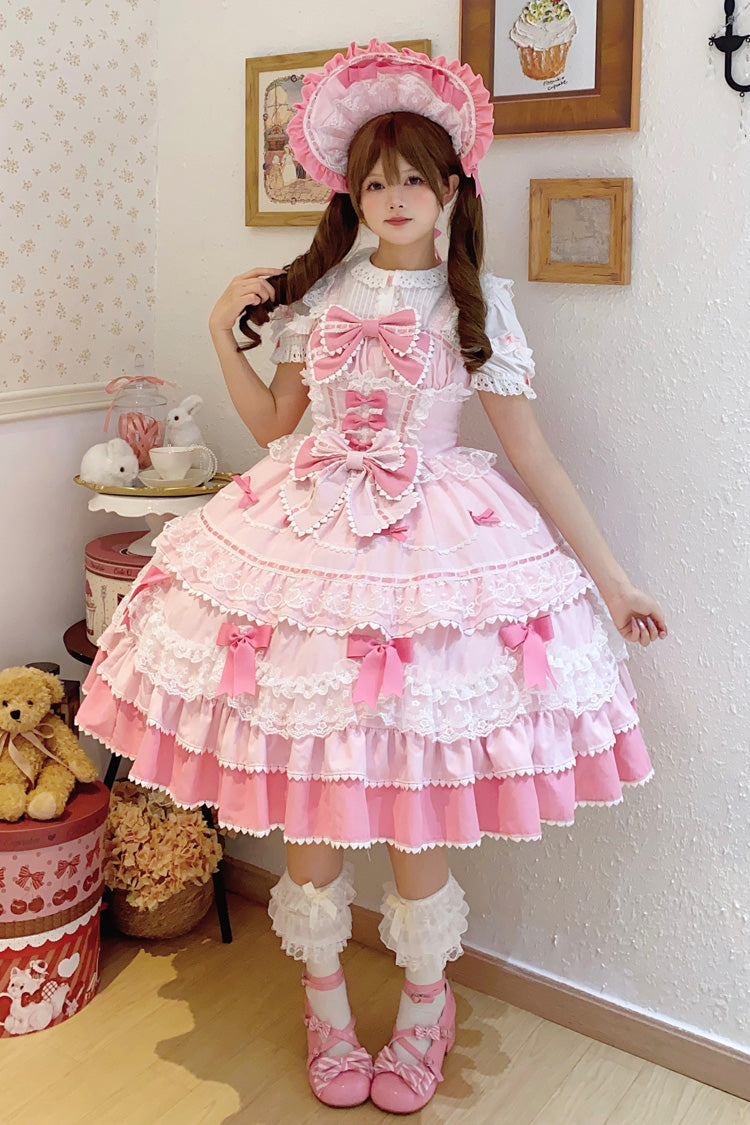 Blush Sleeveless Multi-Layered Ruffle Bow Lace Sweet JSK - Fondant Cake