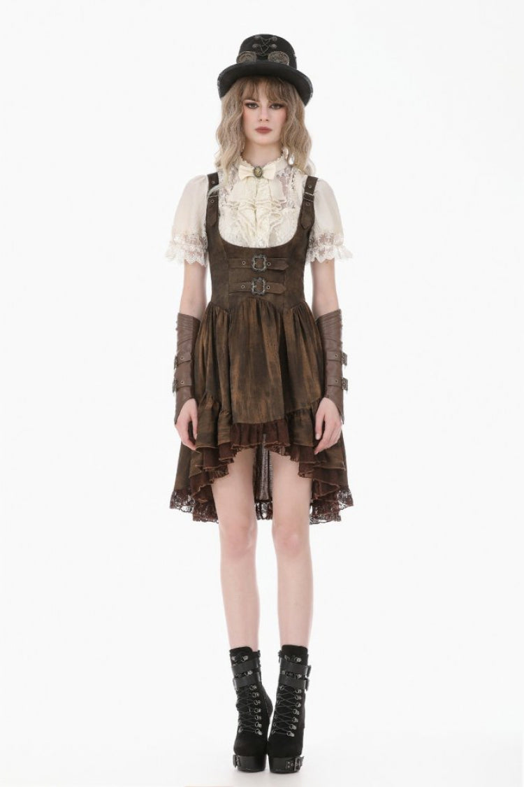 Gothic Women's Blouse with Puff Sleeves, Sheer Lace-Up & Detachable Bow