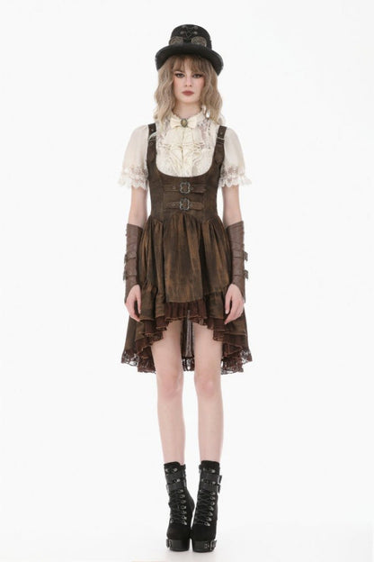 Gothic Women's Blouse with Puff Sleeves, Sheer Lace-Up & Detachable Bow