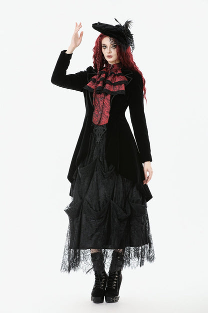 Crimson & Charcoal Peak Lapel Long Sleeve Layered Lace Mock Two-Piece Goth Tailcoat