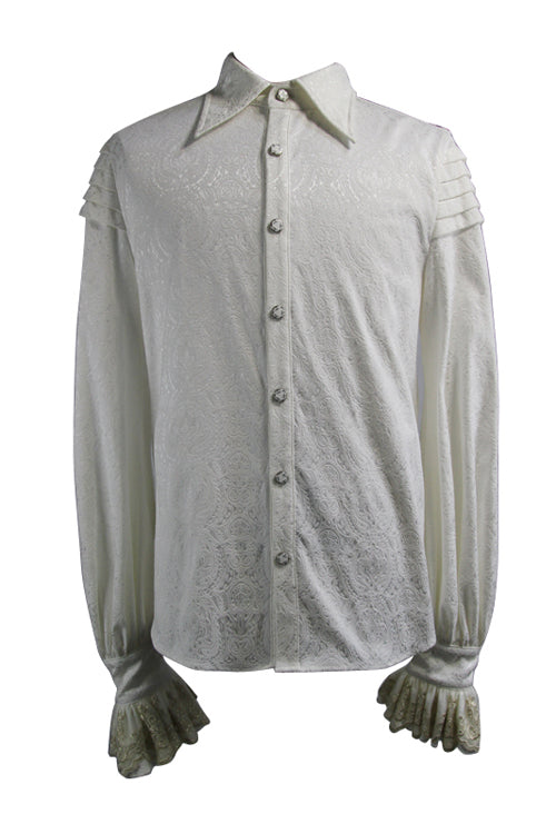Gothic Men's Blouse with Embroidered Ruffled Sleeves & Jacquard Detail, Cream