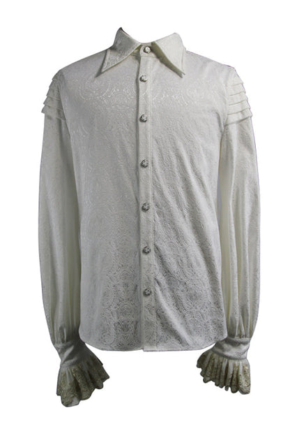 Gothic Men's Blouse with Embroidered Ruffled Sleeves & Jacquard Detail, Cream