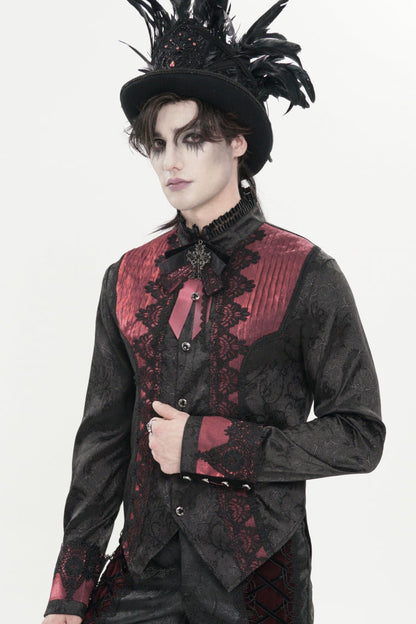 Crimson High-Neck Gothic Palace Shirt with Jacquard and Bow Accents