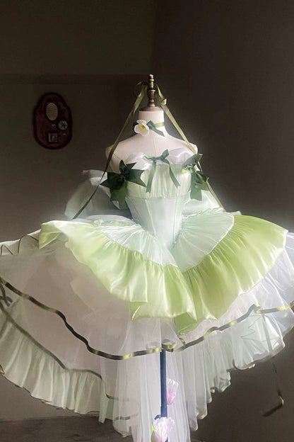 Emerald Off-Shoulder Ruffled Bow Patchwork Sweet Lolita Gown