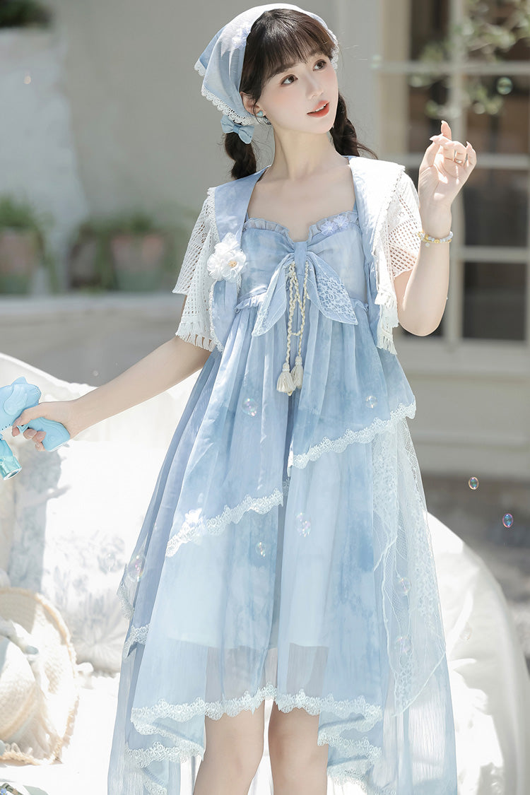 Azure Clouds Resting in the Wilderness Print Ruffle Embroidery Bow Lace Irregular Lolita Jumper Dress