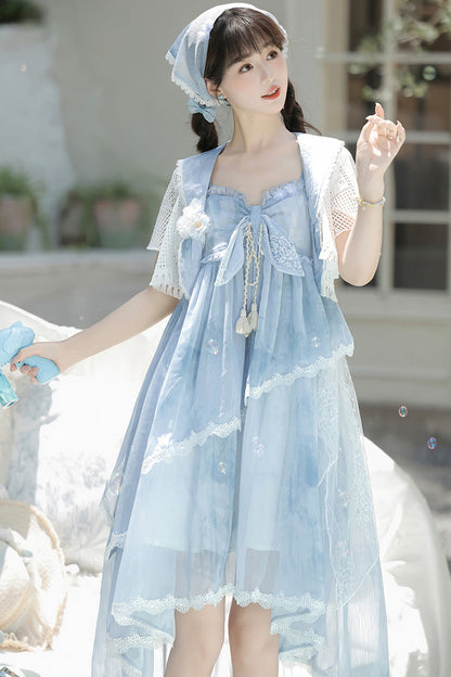 Azure Clouds Resting in the Wilderness Print Ruffle Embroidery Bow Lace Irregular Lolita Jumper Dress