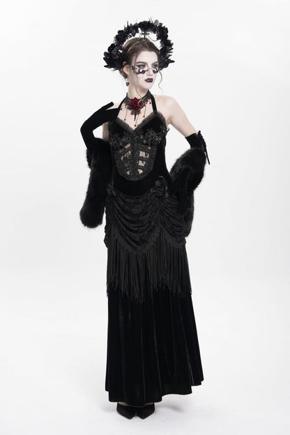 No-Sleeve Floral Lace-Up Pleated Gothic Maxi Gown