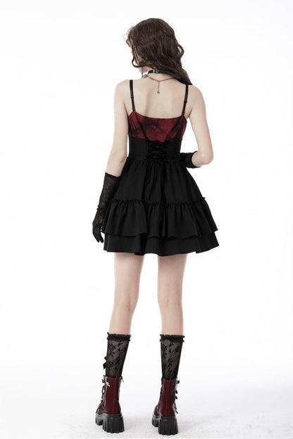Crimson & Obsidian Sleeveless Bowknot Lace-Up Double-Layered Frilly Gothic Slip Graduation Dress