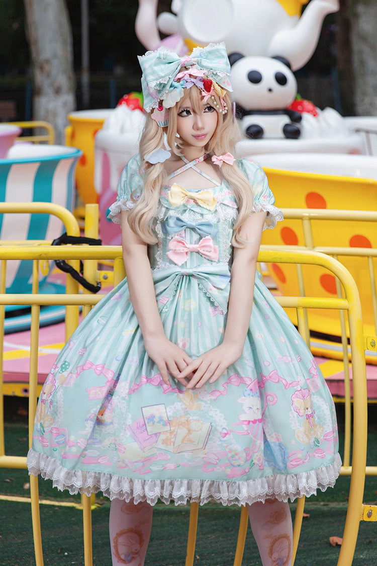 Emerald Macaron Dolly Square-Collar Lantern-Sleeve Bow Printed Dress
