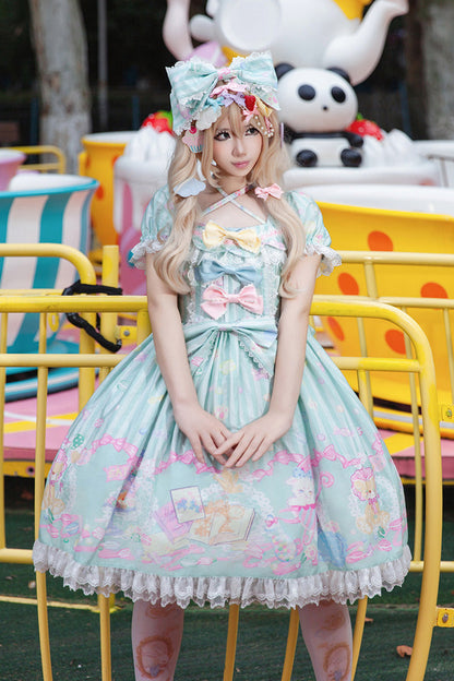 Emerald Macaron Dolly Square-Collar Lantern-Sleeve Bow Printed Dress