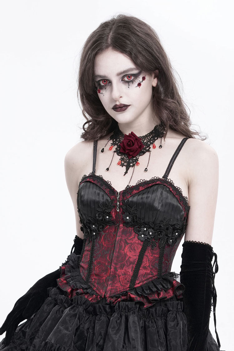 Crimson Gothic Tank Top with Lace-Up Embroidery and Ruffle Trim