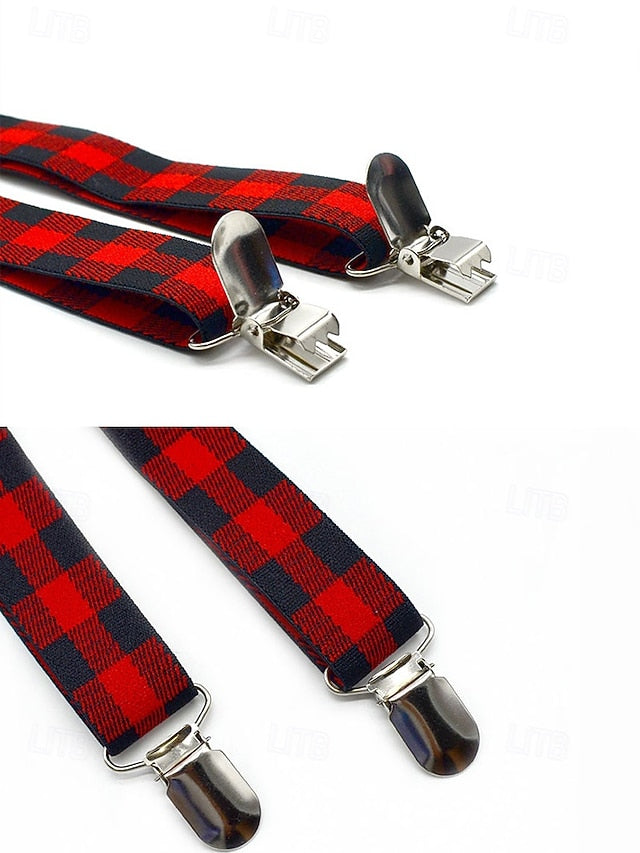 Set Suspender Tie and Christmas Bow Men's Adjustable Plaid