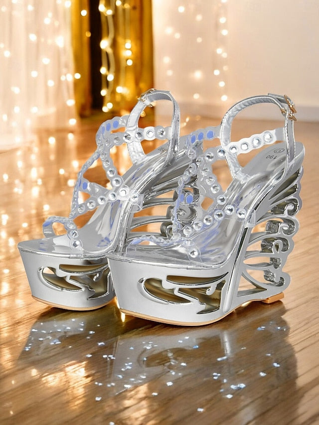 Stiletto – Women Rhinestone Sandals Elegant Silver Dance for