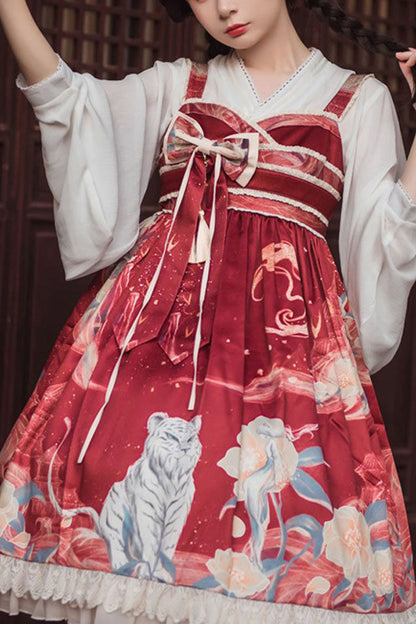 Chinese-Style High-Waisted JSK Dress with Tiger Print in Wine/White - EasternFusion