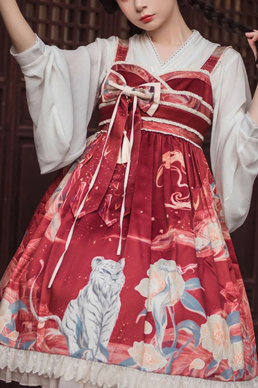 Chinese-Style High-Waisted JSK Dress with Tiger Print in Wine/White - EasternFusion