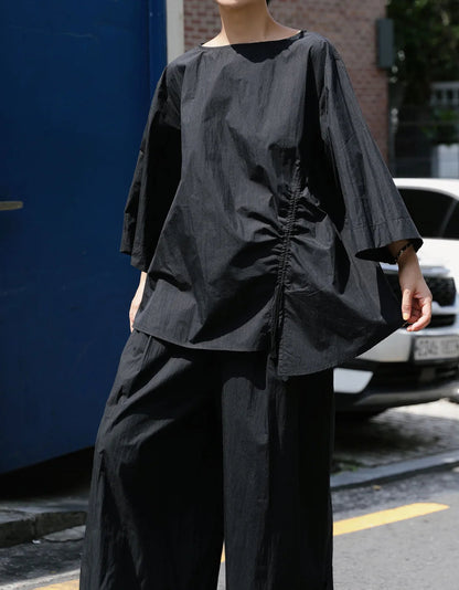 Casual Cotton Top Drawstring Sleeve Khaki Half Asymmetrical