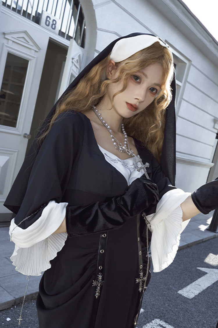 Ebony Short-Sleeve Printed Ruffle Gothic Gown - Halloween Night Temple Nun