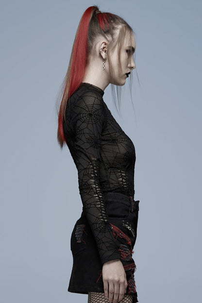 Ebony Long-Sleeve Spider Web Sheer Punk Tee