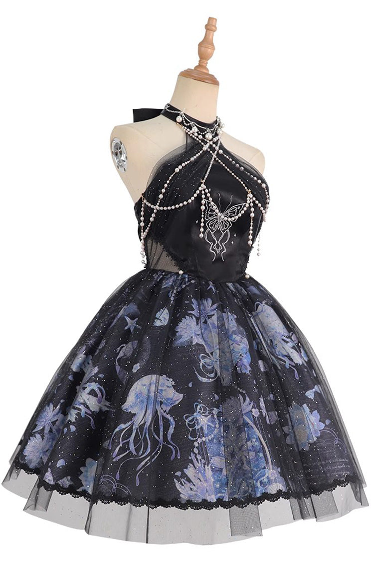 Azure Deep Sea Jellyfish Halter Sleeveless Print Embroidery Bow Lace Elegant Lolita Jumper Dress