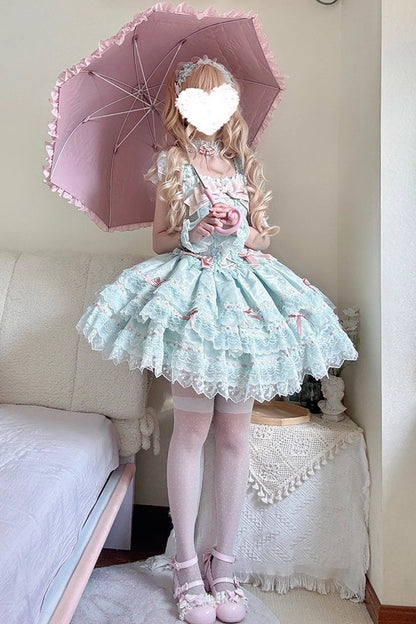Emerald Sleeveless Ruffle Bow Lace Lace-Up Sweet Elegant Lolita Jumper Dress