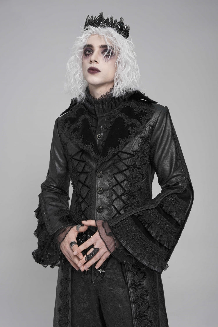 Ebony Flared-Sleeve Floral Crochet Lace-Up Men's Gothic Overcoat