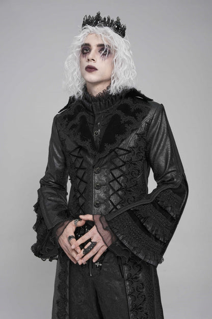 Ebony Flared-Sleeve Floral Crochet Lace-Up Men's Gothic Overcoat