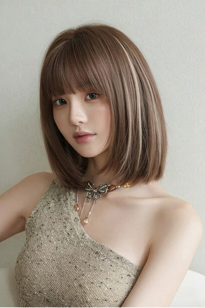 Fluffy Age-Reducing Clavicle Bob Lolita Wig with Highlights - Brown Beige