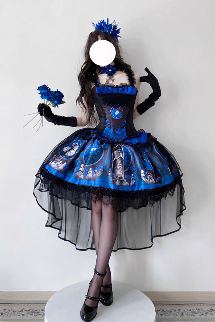 Azure Dark Moon Corridor Print Embroidery Gothic Lolita Gown Skirt