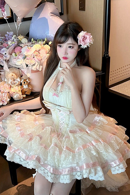 Sweet Princess Lolita Frocks with Halterneck Ruffles & Lace-Up Bows in Cream