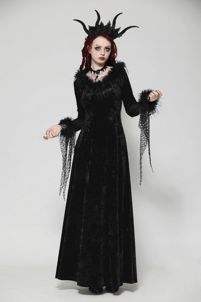 Ebony Long-Sleeve Velvet Lace Gothic Maxi Wedding Gown