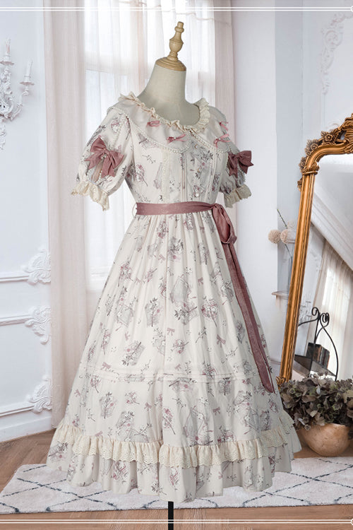 Sweet Lolita OP Gown with Flower Print, Round Collar & High Waist