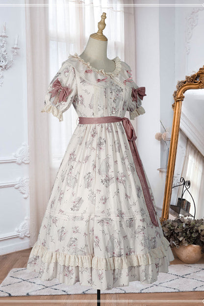 Sweet Lolita OP Gown with Flower Print, Round Collar & High Waist