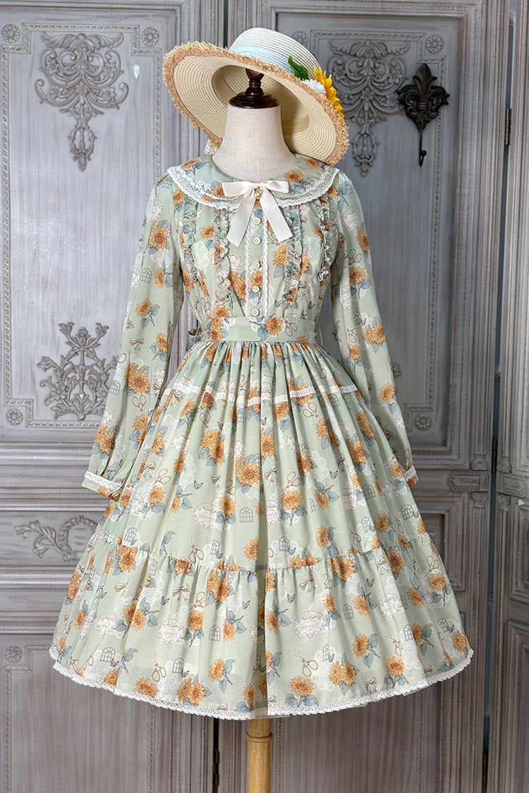 Emerald Long Sleeve Sunflower Ruffle Bow Sweet Lolita Gown