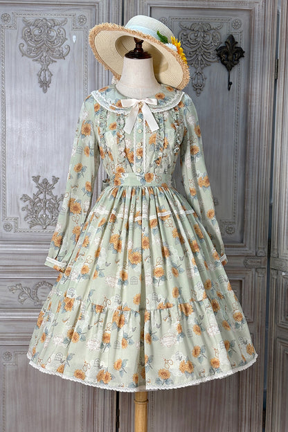 Emerald Long Sleeve Sunflower Ruffle Bow Sweet Lolita Gown