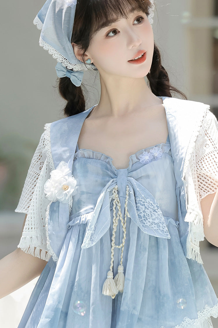 Azure Clouds Resting in the Wilderness Print Ruffle Embroidery Bow Lace Irregular Lolita Jumper Dress