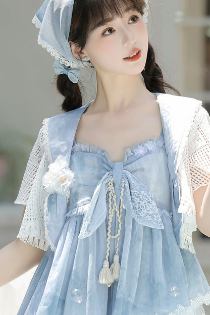 Azure Clouds Resting in the Wilderness Print Ruffle Embroidery Bow Lace Irregular Lolita Jumper Dress