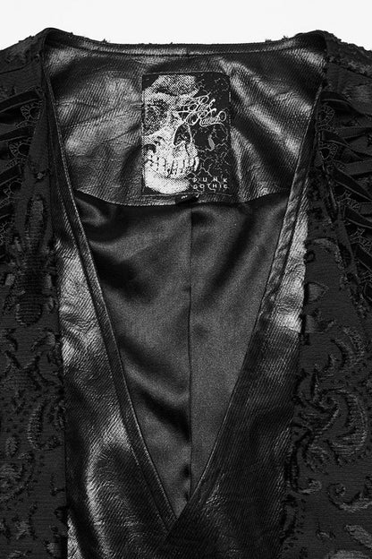 Ebony Long-Sleeve V-Neck Floral Embroidered Men's Gothic Vest