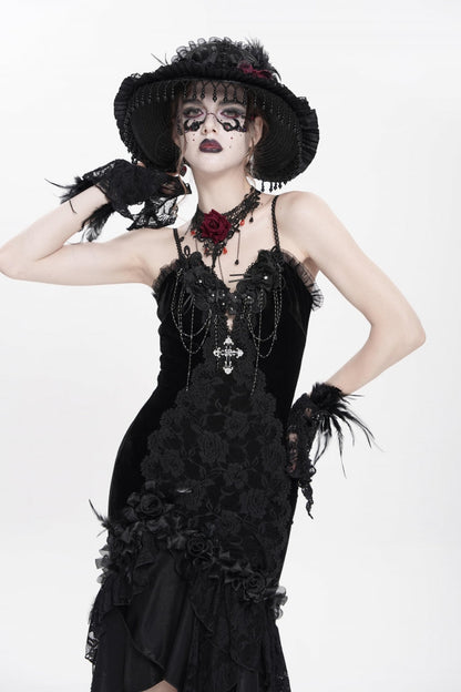 No-Sleeve Ruffled Floral Embroidered Chain Gothic Long Slip Dress