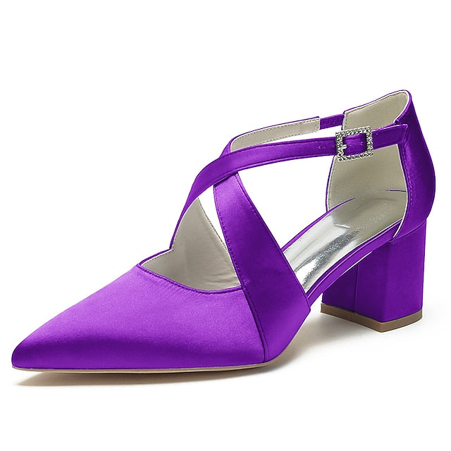 Heels Block Women's Toe White Pointed – Satin Elegant