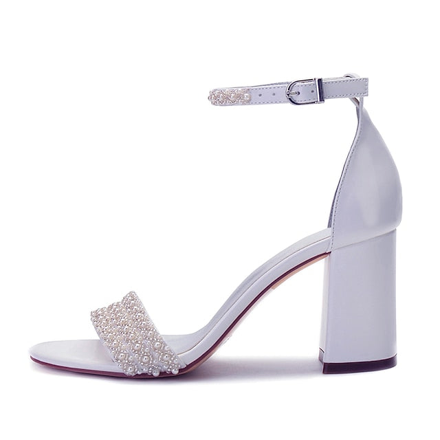 Pearl Strap White Embellished Ankle Ivory Women's Block