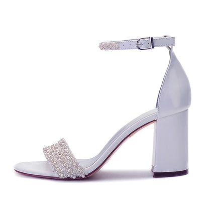 Pearl Strap White Embellished Ankle Ivory Women's Block