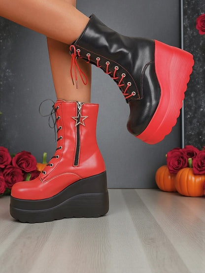Red and Platform Bold Women's - Ankle Lace-Up Black Boots