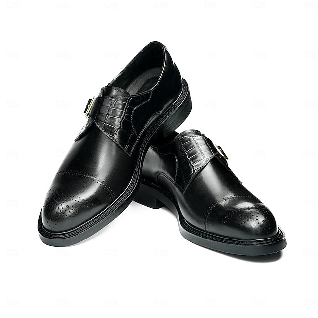 First Men's Genuine Strap Monk Black Leather Shoes-