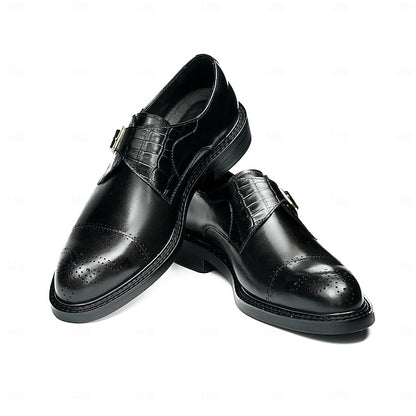 First Men's Genuine Strap Monk Black Leather Shoes-
