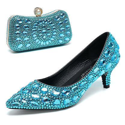 Heel and Matching Women's Kitten Shoes Crystal-Embellished