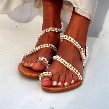 Pearl-Embellished – Strappy Sandals Flat Elegant Women's