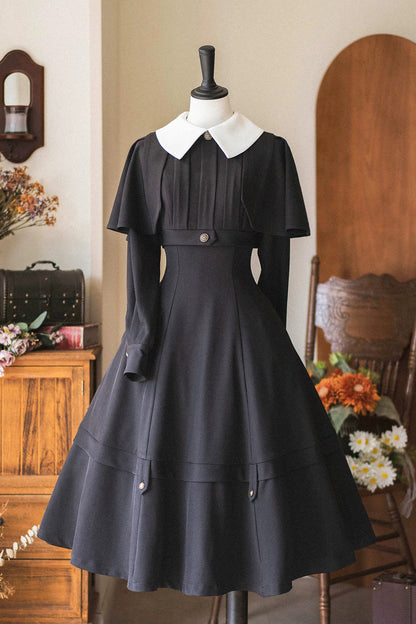 Classic Vintage Lolita Dress with Lapel Collar and Long Sleeves in Black