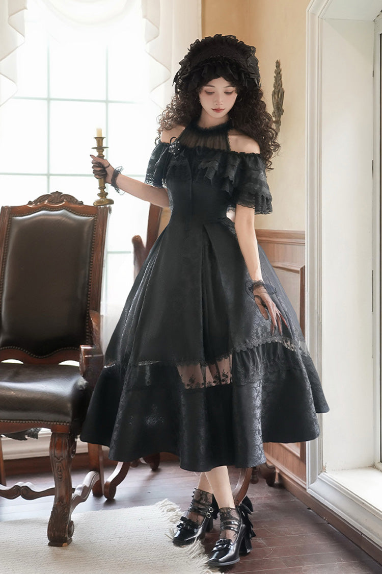Elegant Lolita Dress with Off-Shoulder Neckline and Ruffle Print in Black