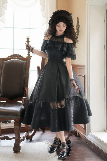 Elegant Lolita Dress with Off-Shoulder Neckline and Ruffle Print in Black